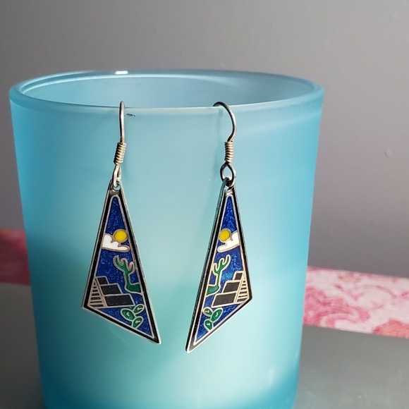 925 Sterling Colorful Scenic Inlay Dangle Earrings - Picture 2 of 5